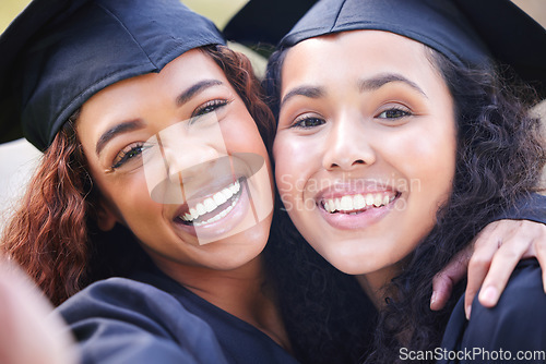 Image of Women friends, hug and graduation selfie in portrait with smile, celebration or solidarity for success at college. University students, girl and hug with diploma, pride or excited for future at event