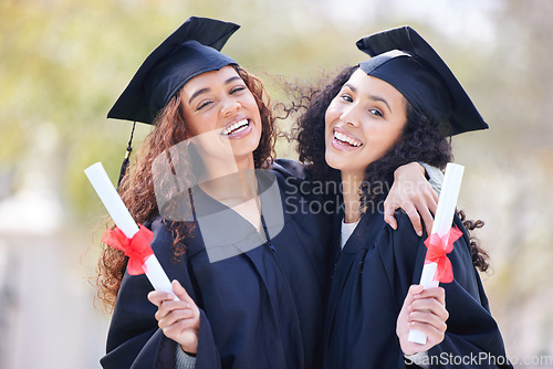 Image of Graduation, certificate and portrait of friends at college with university diploma for learning, scholarship or achievement. Study, hug and education with women on campus for success, future or event