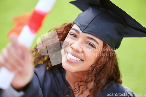 Image of Young woman, graduation portrait and certificate with smile, celebration and success with goal, dream and college. University student, girl graduate and happy with diploma, pride and achievement