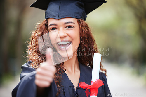 Image of Thank you, portrait of female student with thumbs up and graduation day at college campus outdoors with certificate. Success or achievement, winner and happy female person graduate at university