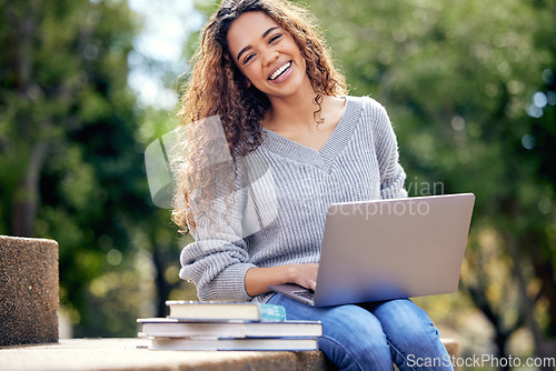 Image of Woman student, laptop and books at a park outdoor for education, research or studying. Happy female on university or college campus in nature with tech for internet and remote, virtual or e learning