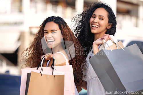 Image of Shopping, city and friends or women portrait for fashion, retail and excited for holiday sale, deal or promotion. Rich, wealth and happy face of african people or customer bag, outdoor and travel