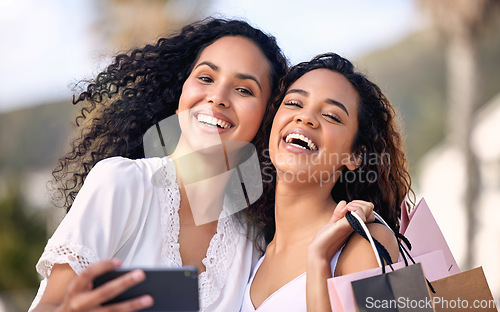 Image of Phone, selfie and friends or women with shopping bag, city photography and happy sale, discount or deal for retail. Face of influencer, african people or customer in profile picture for fashion promo