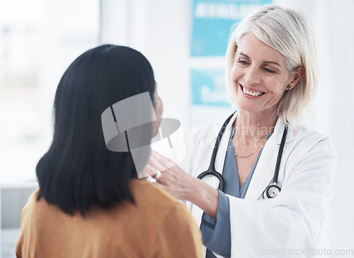 Image of Throat, medical and woman with doctor in hospital for sick, thyroid cancer or test. Healthcare, medicine and virus with physician and consulting with patient in clinic for emergency, injury and exam
