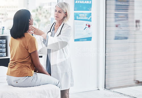 Image of Consulting, thyroid and woman with doctor in hospital for sick, cancer or medical test. Healthcare, medicine and virus with physician and checking throat of patient in clinic for emergency and injury