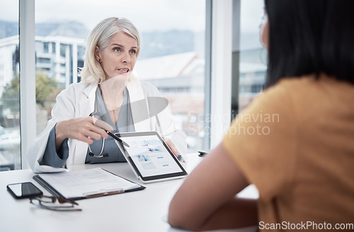 Image of Woman, doctor and tablet with patient for vaccine results, information and hospital data. Consultation, healthcare worker and communication at desk in clinic for wellness, covid and planning cure