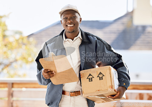 Image of Black man, portrait smile and box with clipboard for delivery, package or cargo shipping in logistics. Happy African male person or courier smiling with parcel, form or application for item checklist