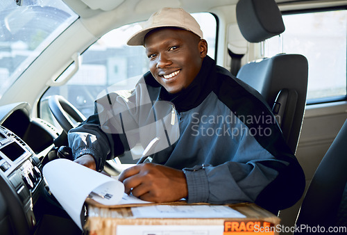 Image of Black man, portrait and writing in car delivery, box or package in logistics, shipping or transportation. Happy African male person or courier with smile filling form or cargo application in transit