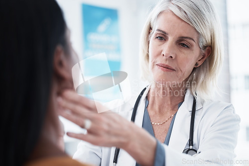 Image of Consulting, throat and woman with doctor in hospital for sick, thyroid cancer or test. Healthcare, medicine and virus with medical physician and checking patient tonsils for emergency and injury