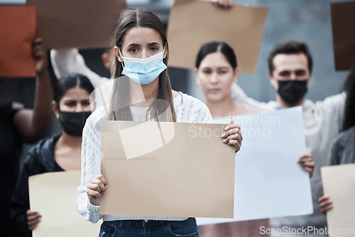 Image of Blank protest poster, woman mask and portrait with fight, human rights support and rally sign. Urban, group and protesting people with a male person holding a pro vaccine movement signage on a street