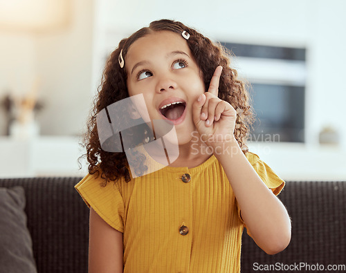 Image of Thinking, happy girl and home with ideas and inspiration on a living room sofa. Surprise, decision and child with learning and consideration on a lounge couch in house with student knowledge and plan