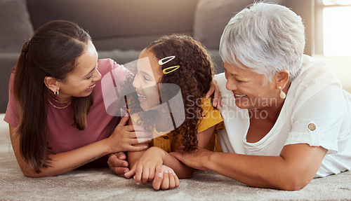 Image of Smile, generations and relax with family on floor of living room for bonding, care and love. Happiness, trust and grandmother with young child and excited mom at home for play, support and together