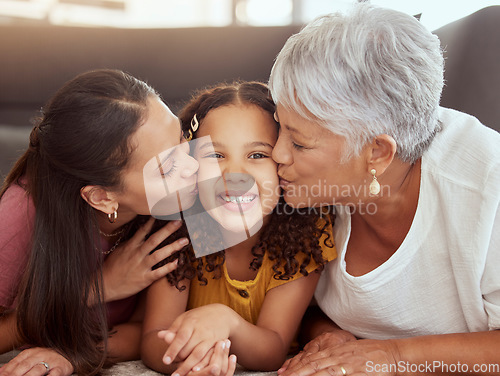 Image of Portrait, mom and and kiss with grandmother and kid on floor of living room for bonding, smile and love. Happiness, trust and generations with women and girl in family home for solidarity and support