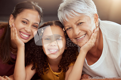 Image of Portrait, generations and relax with family on floor of living room for bonding, smile and love. Happiness, trust and face of grandmother with young child and mom at home for solidarity and support