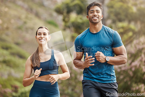 Image of Running, mountain and happy couple of friends training for sports and health outdoor. Fitness, workout and sport run of young runner people together with confident athlete exercise and race cardio