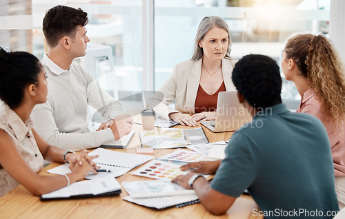 Image of Meeting, color palette and business people for creative project, brand development, documents and manager. Talking, brainstorming and graphic designer, agency or CEO woman for project or staff ideas