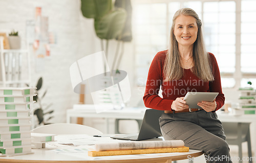 Image of Architecture, tablet and portrait of senior woman in office for engineering, internet and buildings. Digital, construction and creative with designer for project management, website and technology