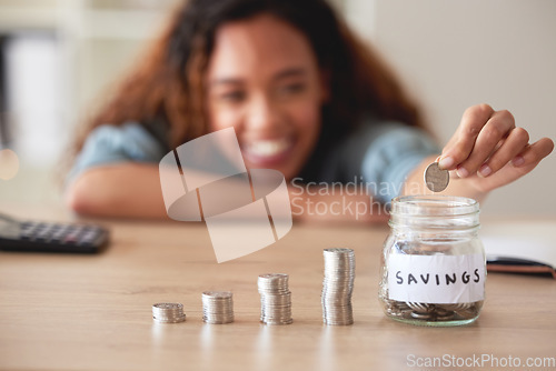 Image of Woman, hand and money savings jar, finance and budget, future financial planning with investment and coins on table. Female person saving, economy with growth and development, cash in glass container