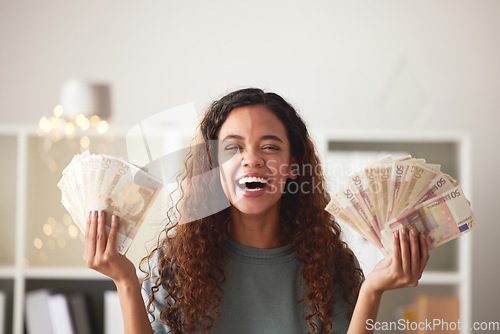 Image of Happy woman with money in hands, savings and finance with success and celebrate financial goals. Budget, winning and wealth with cash fan, investment and female person winner with salary bonus