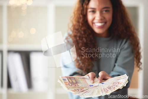 Image of Happy woman with cash in hands, savings and finance with success and celebrate financial goals. Budget, winning and wealth with money fan, investment and female person winner with mockup space