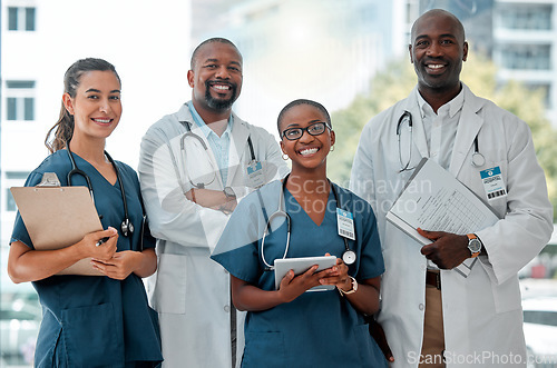 Image of Hospital, teamwork and portrait of doctors with tablet and report for medical care, wellness and support. Healthcare, clinic and men and women workers for cardiology service, consulting or insurance