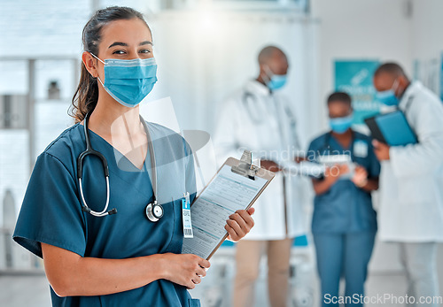 Image of Hospital, doctor and portrait of woman with clipboard for medical report, results and medicine. Healthcare, clinic and female nurse with face mask, checklist and insurance information for consulting