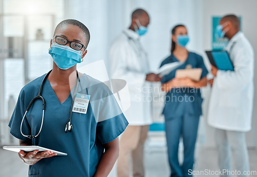 Image of Healthcare, doctor and portrait of black woman with tablet for medical report, results and research. Hospital, clinic team and face of female health worker for online service, consulting and internet