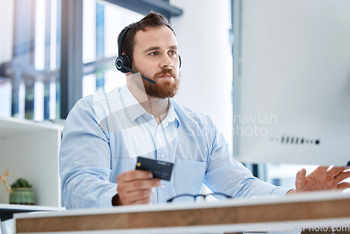 Image of Call center, business man and credit card in banking, fintech or payment mistake, error or finance problem. Financial advisor, agent or consultant person, technical support and e commerce on computer