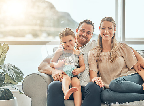 Image of Portrait of mother, father and child on sofa in living room for bonding, quality time and relax together. Happy family, smile and mom and dad with girl for care, love and happiness at home on weekend