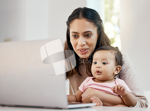 Image of Smile, remote work and mother with baby and laptop, happy freelancer worker with online project in apartment. Working at home, woman and kid girl with happiness, internet and virtual job in kitchen.