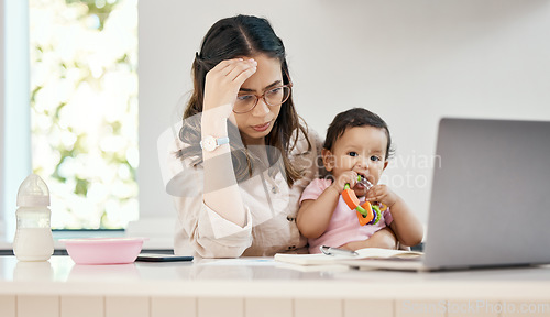 Image of Stress, remote work and mother with baby, laptop and busy freelancer worker with online project and infant girl. Working from home, woman and child with headache, anxiety and burnout in virtual job