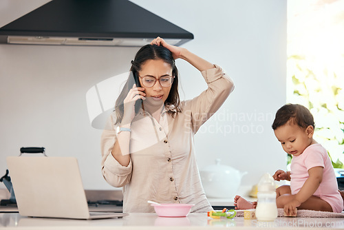 Image of Phone call, stress and woman with baby, laptop and busy freelancer worker with remote work project. Work from home, overwhelmed mother and child with cellphone, computer and burnout on virtual job.