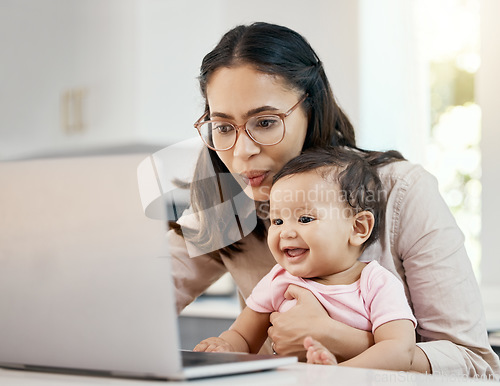 Image of Remote work, happy woman and baby with laptop, glasses and freelance worker with online project in apartment. Working from home office, mother and girl child with internet search and virtual job.