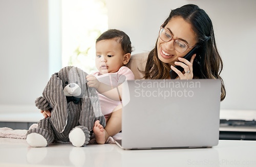 Image of Phone call, remote work and happy woman with baby, laptop, freelancer with online project on maternity leave. Working from home office, mother and child with cellphone and computer at virtual job