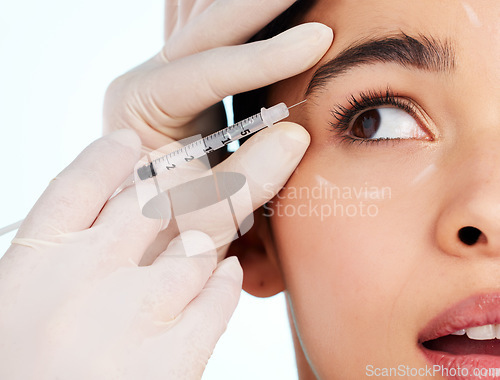Image of Woman, skincare and face injection for plastic surgery in studio isolated on white background. Facial, syringe and cosmetics of female model with collagen filler for dermatology, beauty or aesthetic.