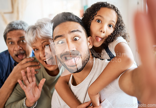 Image of Happy family, portrait and silly face selfie for social media, vlog or funny online post at home. Grandparents, father and child with goofy expression for photo, memory or profile picture together