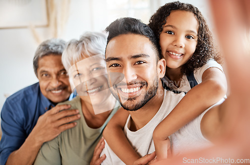Image of Happy family, portrait and smile of selfie in hug for social media, vlog or online post at home. Grandparents, father or face of child smiling for embrace of photo, memory or profile picture together