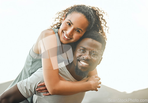 Image of Couple outdoor, happy in portrait with piggyback and fitness, interracial people smile and train together. Mockup space, health and black man with woman, trust in relationship and exercise in nature