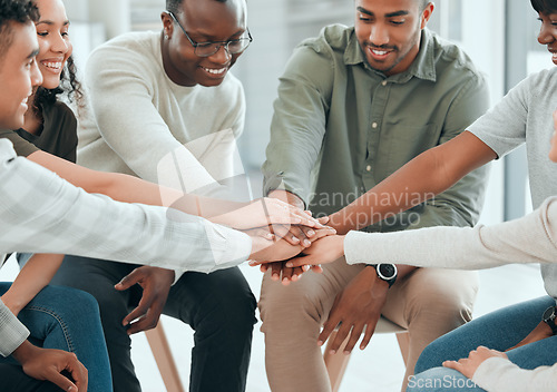 Image of Hands stack, office and support with smile, care and together with solidarity, advice and empathy at job. People, friends and helping hand for teamwork, diversity or community with trust in friends