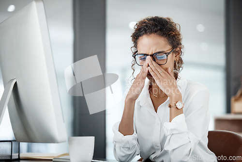 Image of Business woman with headache, stress and fatigue with pain, mental health and crisis at office. Problem in workplace, mistake and female employee is frustrated with migraine and corporate burnout