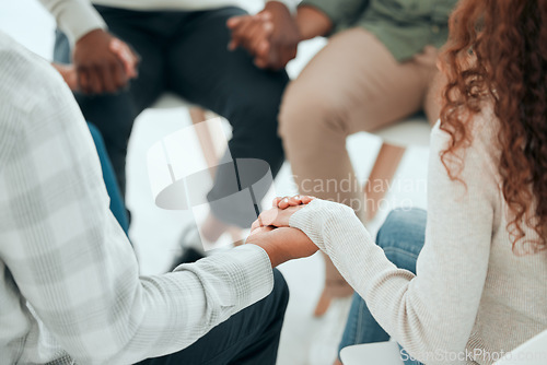 Image of Circle, holding hands and support with prayer, people and solidarity with faith, trust and religion with empathy. Men, woman and helping hand for praying, team building and diversity with mindfulness