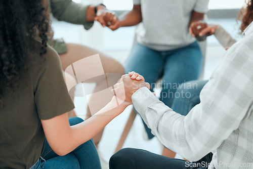 Image of Circle, holding hands and support with praying in office for solidarity, faith and trust with religion at job. Men, woman and helping hand for prayer, team building and diversity with mindfulness