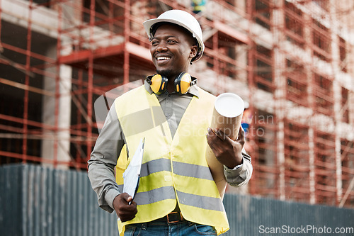 Image of Architect, black man and thinking outdoor at construction site building with a smile for future. Happy African engineer person with blueprint idea for project management, inspection or architecture