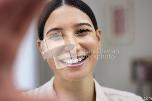 Image of Woman, selfie and happiness at apartment for portrait profile picture on internet in the morning. Female person, closeup and photo with a smile at a house for a post on the internet for networking.