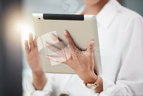 Image of Tablet, hands and accountant in office, research and working on project online. Technology, professional and female entrepreneur, auditor or person on website for accounting, email and business app.