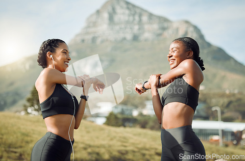 Image of Fitness friends in nature, women stretching arms for workout with happiness and active lifestyle in park. Exercise outdoor, healthy and happy with female people training and warm up together