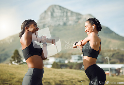 Image of Fitness friends outdoor, women stretching arms for workout with happiness and active lifestyle in park. Exercise in nature, healthy and happy with female people training and warm up together