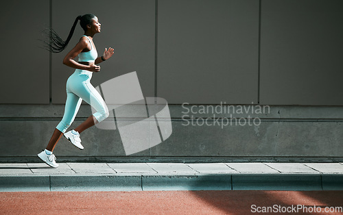 Image of Black woman, run and city sidewalk with training, exercise and fitness on urban road. Street, runner profile and female athlete with mockup and running workout for health, wellness and race outdoor