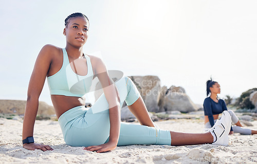 Image of Stretching, summer and friends with women at beach for running, yoga and workout. Relax, health and wellness with female runner and warm up in nature for training, teamwork and cardio performance