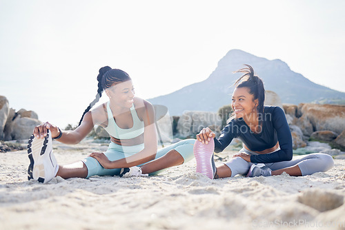 Image of Stretching, running and friends with women at beach for fitness, yoga and workout. Relax, health and wellness with female runner and warm up in nature for training, teamwork and cardio performance